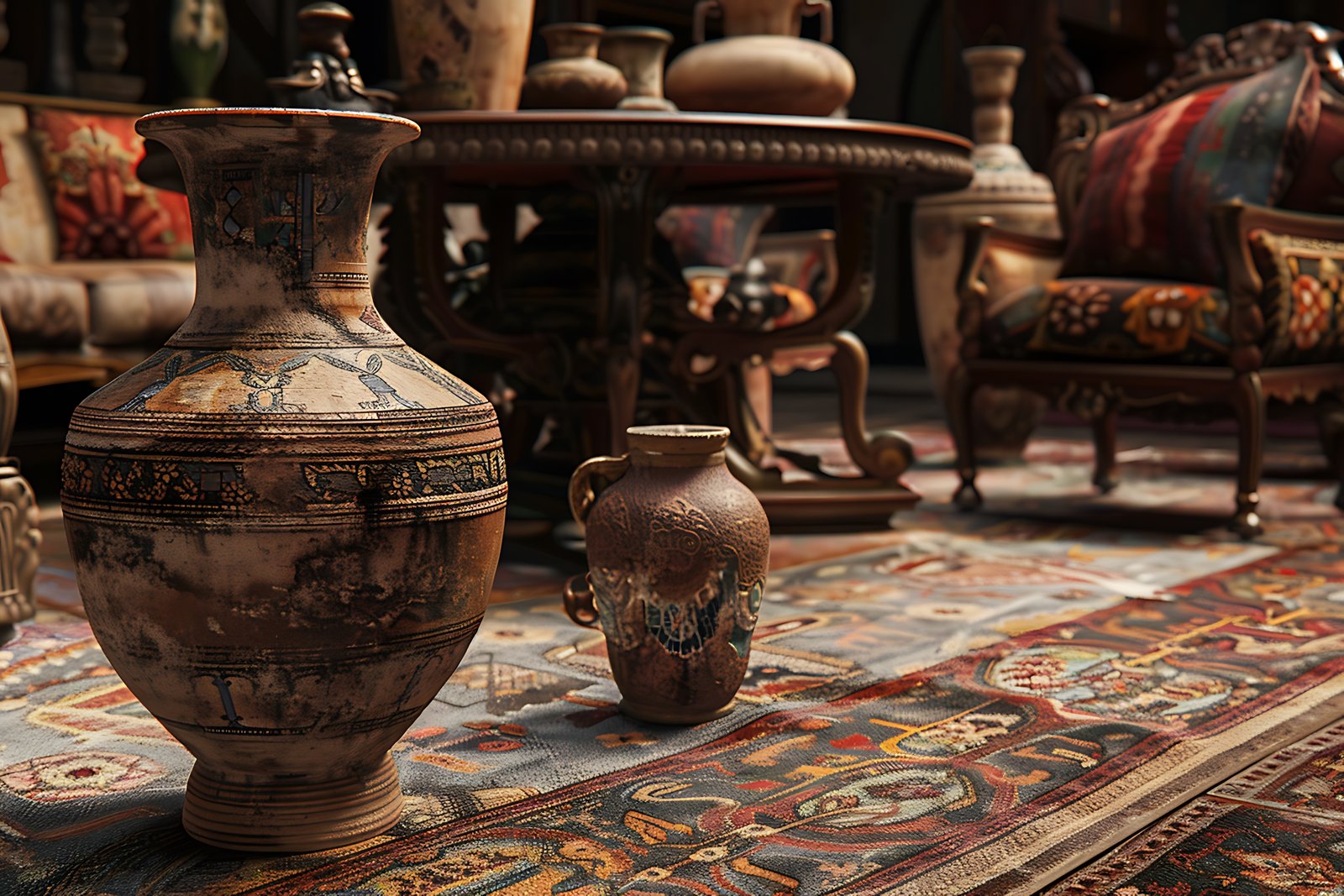 Vintage antique store interior with warm lighting